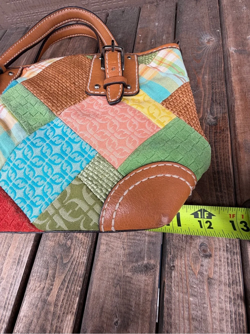 Fossil Key Patchwork Multicolor Satchel Handbag with Tan Leather Trim